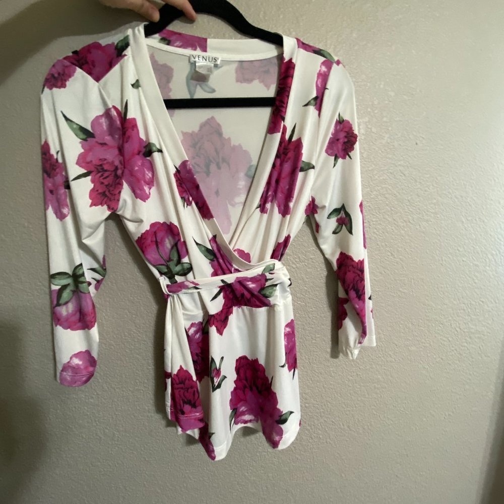 Venus Tie Waist Floral Cross Top White w/ Pink Flowers Wrap Top